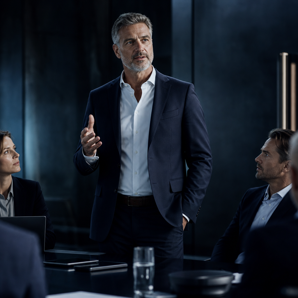 A confident CEO leading a team in a modern office